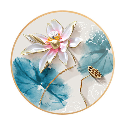 新中式客厅挂画实木圆形框立体荷花装饰画餐...