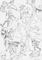 #绘画学习# 一组动漫人物大神手稿合集，超棒的人体结构概括啊，非常适合学习结构和线条，速写，动态都可以参考哦！ ​​​​