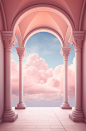 An archway with clouds, in the style of hsiao - ron cheng, luxurious geometry, 8k 3d, light pink and light lilac, vibrant stage backdrops, asgardesqe, michael vincent manalo, high quality, high resolution