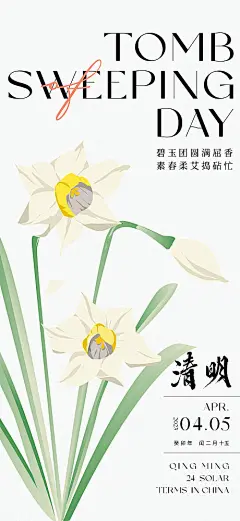 海报 中国传统节日 二十四节气 清明节 花朵 手绘 清新 简约 