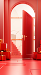 Red door and gold gift and present, in the style of clemens ascher, 3d blender, spatial concept art, yanjun cheng, light-filled compositions, high detailed, interior scenes, cartoon compositions
