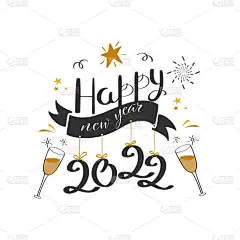 黑色2022新年佳肴，配上香槟杯、星光和白底烟火.