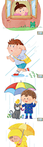 Y1286雨中男孩嬉戏雨水插画跳水坑雨伞水彩手绘插图PSD设计素材图-淘宝网