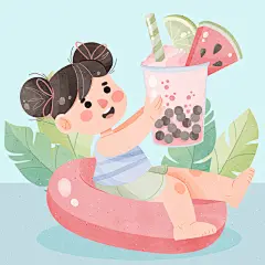 卡通手绘水彩夏天女孩游泳吃西瓜冰淇淋插画图案背景ai设计素材-淘宝网