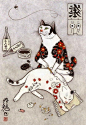 日本插画家田中秀治以猫为主题的浮世绘作品，作品中的纹身猫或冷艳，或高贵，或神秘 ​​​​