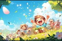 白云春游儿童插画图片