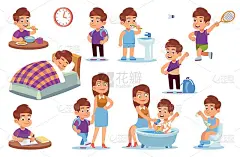 男孩的日常活动。孩子们笑眯眯地睡在床上，起床后又在浴室里布衣服，放学后又跑回家坐着，例行活动孤立矢量