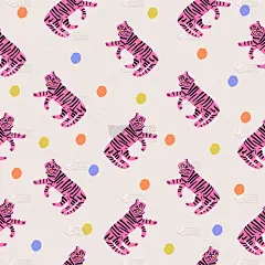 矢量手绘老虎和彩色波尔卡点插图图案无缝重复模式数字文件艺术品家庭装饰打印时尚织物表面设计纺织品