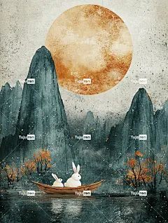 简单抽象，载体插画，中国风插画，小船上有两只可爱的小兔子，它