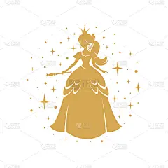 公主剪影站在美丽的裙子和魔法棒。圆形框架背景与黄金点和闪光