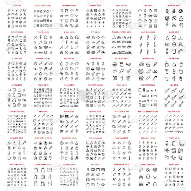 矢量涂鸦图标大集合。手绘符号大全.