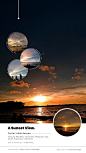 an image of the sun setting over water with three circles hanging from it's sides