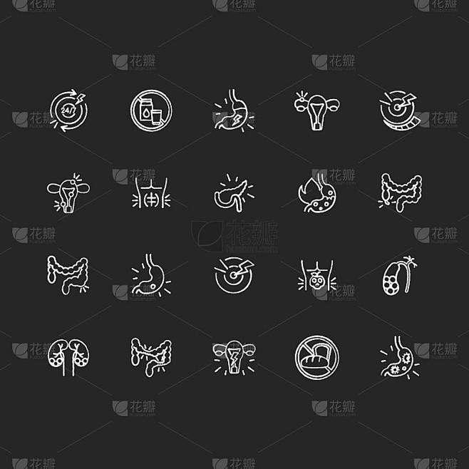 stomach-pain-chalk-white-icons-set-on-black-backgr
