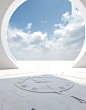 Abstract wallpaper time clock white space, in the style of detailed skies, symbolic props, arched doorways, anamorphic lens, high-angle, michael heizer, norman foster