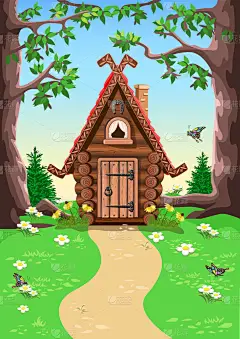 一个童话般的小棚屋，屋顶上有雕刻的装饰木料，烟囱和马蹄铁作为吉祥物。森林里的老村舍。用卡通风格的矢量