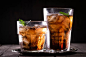 glass of cola, ice tea or with cubes, and mint garnish, on wooden table, alcohol drink