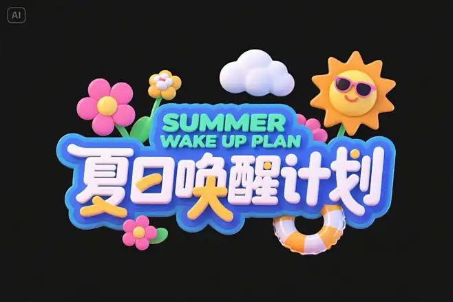 字体设计，高级3D电商风格，中文“夏日唤醒计划”，英文“SUMMER WAKE UP PLAN”，标志，创意字体设计LOGO，重点突出文字 ...