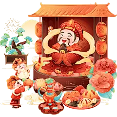 龙年春节新春新年过年除夕卡通感可爱拟人龙年俗插画场景组合元素素材-迎灶神