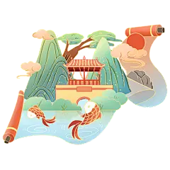 手绘国潮风园林卷轴元素3