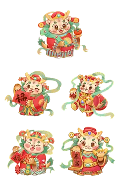 素材组合-春节新年国潮过年新春除夕中国风插画国潮卡通龙组合免抠元素、新春春节过年除夕龙年国潮卡通手绘中国风龙组合场景免抠元素