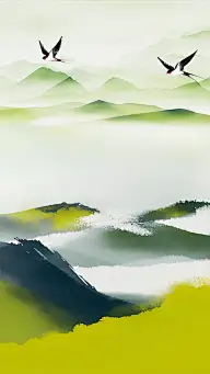 立春&春天国风手绘群山树林燕子背景