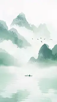 中国风通用春绿色古风山水云雾意境竖版图片素材