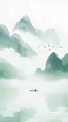 中国风通用春绿色古风山水云雾意境竖版图片素材