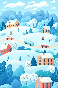 常规内容-背景系列插画风蓝色雪地树木房屋背景图片