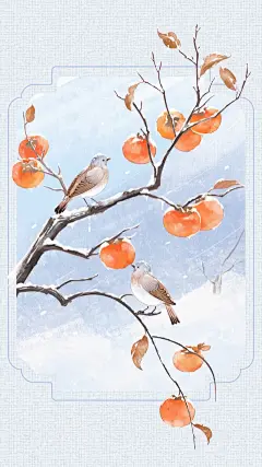 小雪大雪插画风鸟枝叶纹理背景图片