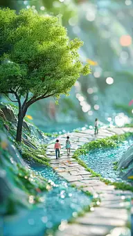 春分光感3D树木湖泊人物背景