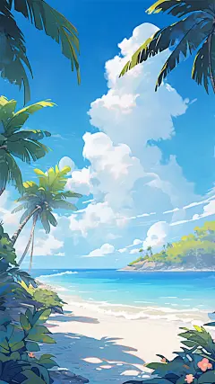 夏日通用背景动漫风海边椰子树