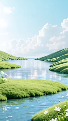 风光系列实景感草地水面天空展台背景