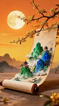 中国风系列立体感青绿色山水画卷黄色背景