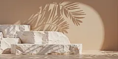 常规内容-背景系列文艺感白色岩石展台+植物光影墙面背景