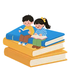 教育系列插画风黄蓝拼色双人坐在三本书上卡通人物元素
