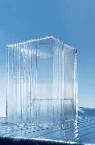 一个装有液体的玻璃盒子放在蓝色表面上方，风格为edoardo tresoldi，柔和的色调过渡，weathercore，由塑料制成，uhd图像，kengo kuma，特写