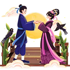 手绘-七夕元素牛郎织女人物插画2