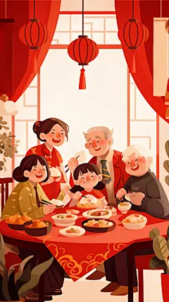 除夕&春节卡通插画年夜饭场景灯笼组合背景