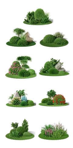 2309SC-素材组合-圆形绿草地花朵3D灌木丛元素