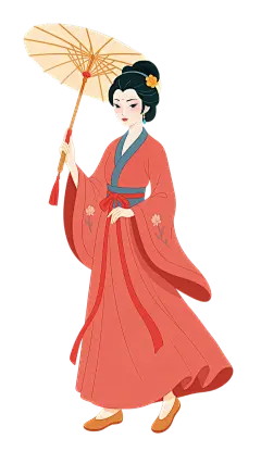 中国风扁平风古代红衣女子拿伞元素