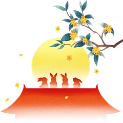 中秋节国庆节双节简约肌理兔子月亮建筑桂花组合元素
