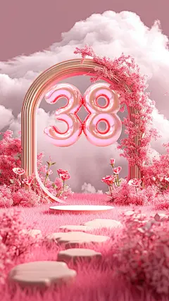 三八妇女节女神节女王节3D浪漫感实景粉色展台背景图片素材AIGC