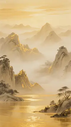 中国风系列轻奢感古风金色山水风光背景