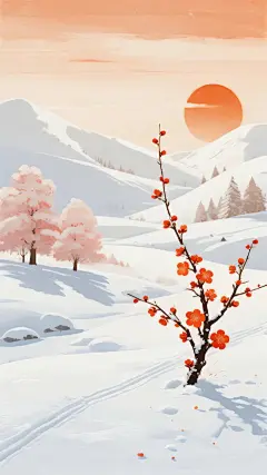 立冬插画雪地梅花树松柏背景