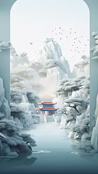 冬季冬天通用插画中国风中式古建筑自然山水积雪场景背景