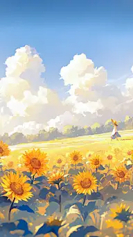 植物动漫风插画向日葵蓝天白云场景背景图片素材