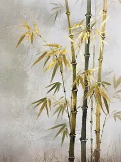 中国风系列水彩插画风中式金箔竹子背景