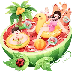 二十四节气立夏插画微缩西瓜泳池人物场景组合元素素材