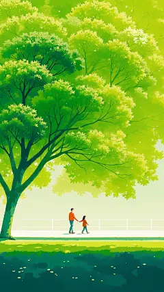 父亲节梦幻光感亲子树草坪插画背景