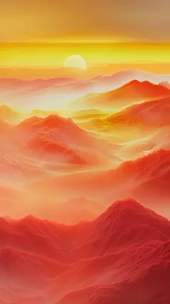 中国风系列实景感日出时分山峦景色的艺术插画图片